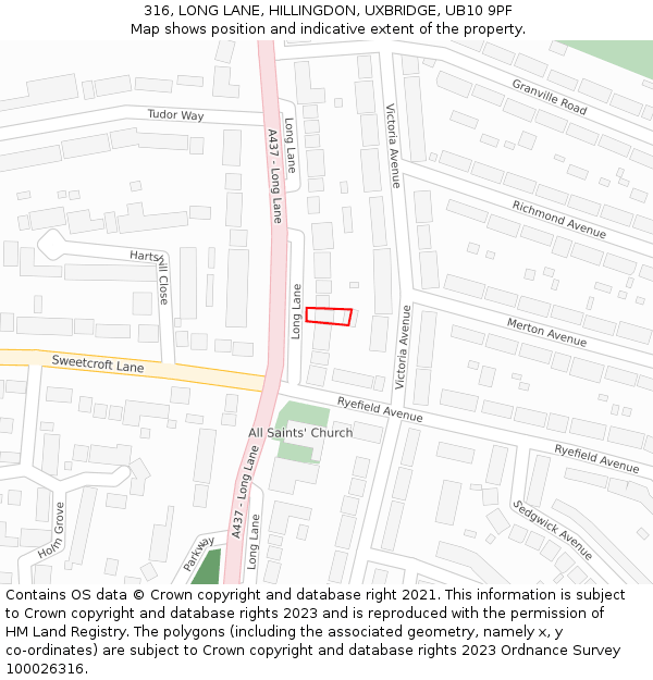 316, LONG LANE, HILLINGDON, UXBRIDGE, UB10 9PF: Location map and indicative extent of plot