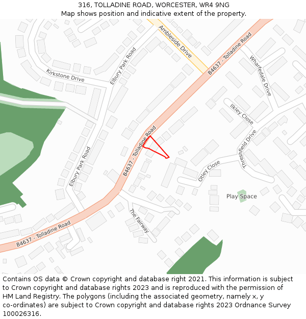 316, TOLLADINE ROAD, WORCESTER, WR4 9NG: Location map and indicative extent of plot