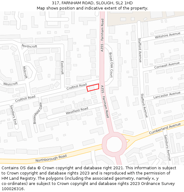 317, FARNHAM ROAD, SLOUGH, SL2 1HD: Location map and indicative extent of plot