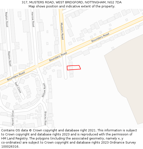 317, MUSTERS ROAD, WEST BRIDGFORD, NOTTINGHAM, NG2 7DA: Location map and indicative extent of plot