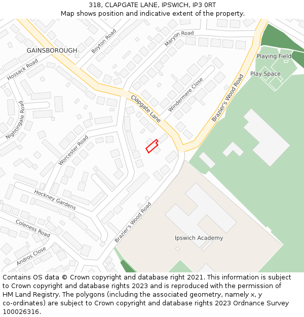 318, CLAPGATE LANE, IPSWICH, IP3 0RT: Location map and indicative extent of plot