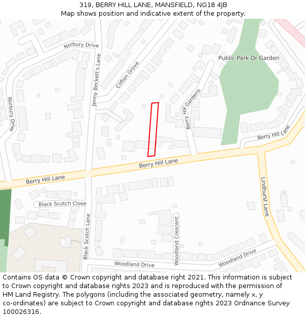 319, BERRY HILL LANE, MANSFIELD, NG18 4JB: Location map and indicative extent of plot