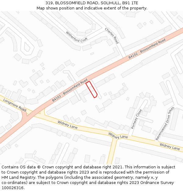 319, BLOSSOMFIELD ROAD, SOLIHULL, B91 1TE: Location map and indicative extent of plot