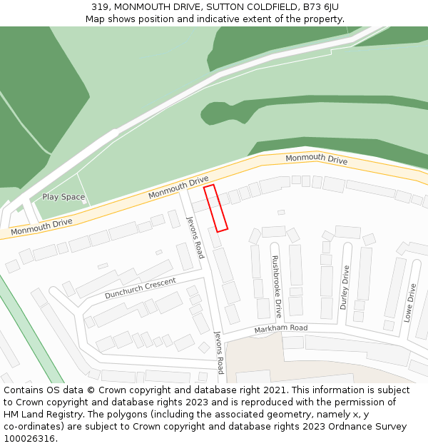 319, MONMOUTH DRIVE, SUTTON COLDFIELD, B73 6JU: Location map and indicative extent of plot