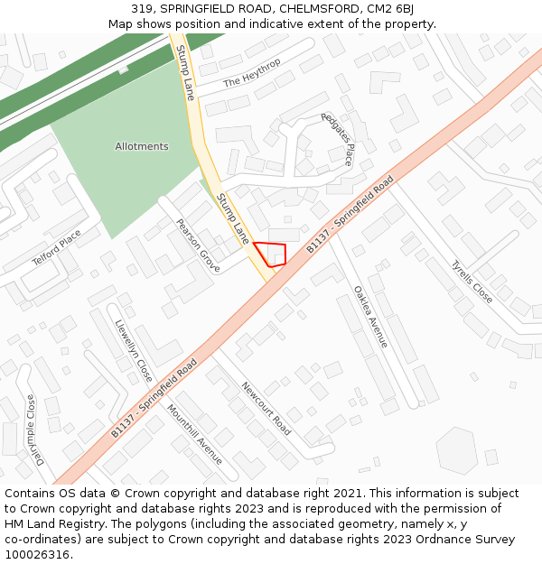 319, SPRINGFIELD ROAD, CHELMSFORD, CM2 6BJ: Location map and indicative extent of plot