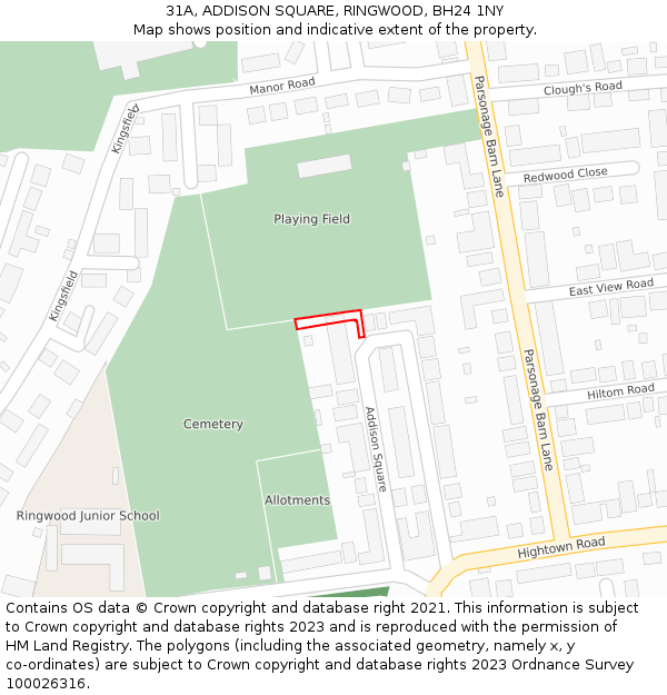 31A, ADDISON SQUARE, RINGWOOD, BH24 1NY: Location map and indicative extent of plot