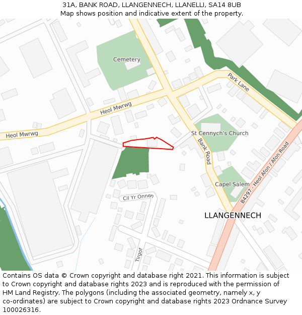 31A, BANK ROAD, LLANGENNECH, LLANELLI, SA14 8UB: Location map and indicative extent of plot