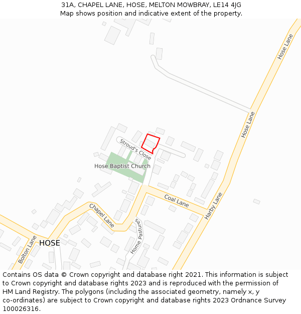 31A, CHAPEL LANE, HOSE, MELTON MOWBRAY, LE14 4JG: Location map and indicative extent of plot