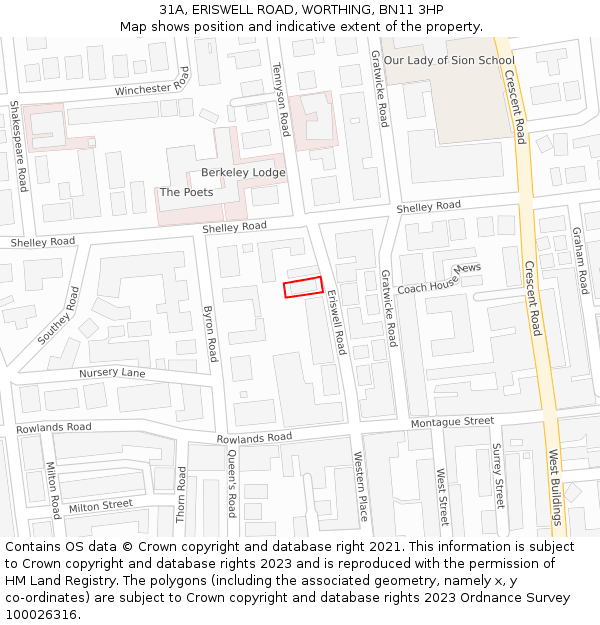 31A, ERISWELL ROAD, WORTHING, BN11 3HP: Location map and indicative extent of plot