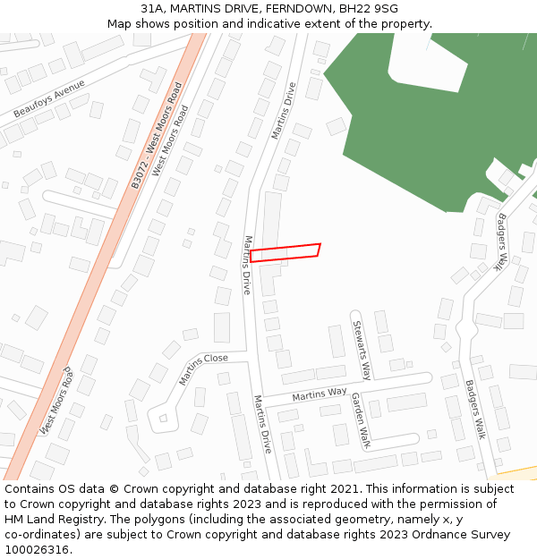 31A, MARTINS DRIVE, FERNDOWN, BH22 9SG: Location map and indicative extent of plot