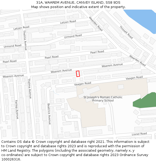 31A, WAAREM AVENUE, CANVEY ISLAND, SS8 9DS: Location map and indicative extent of plot