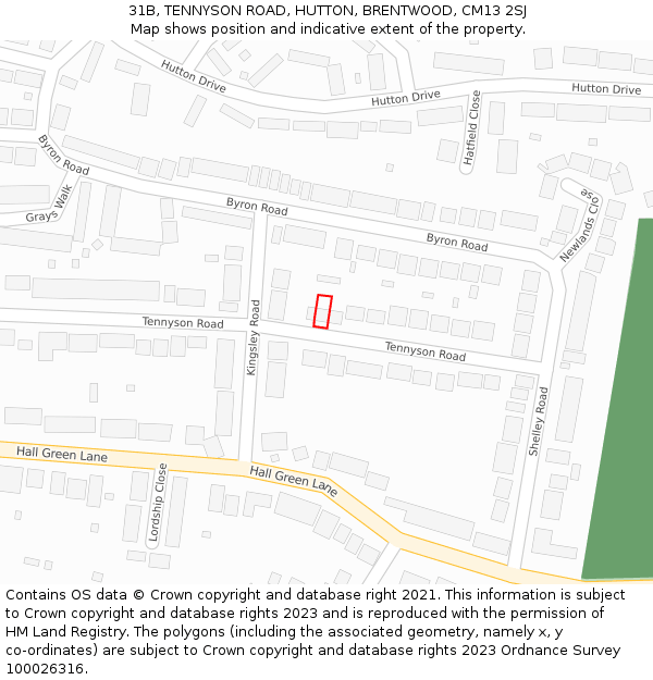 31B, TENNYSON ROAD, HUTTON, BRENTWOOD, CM13 2SJ: Location map and indicative extent of plot