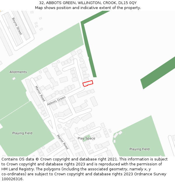 32, ABBOTS GREEN, WILLINGTON, CROOK, DL15 0QY: Location map and indicative extent of plot