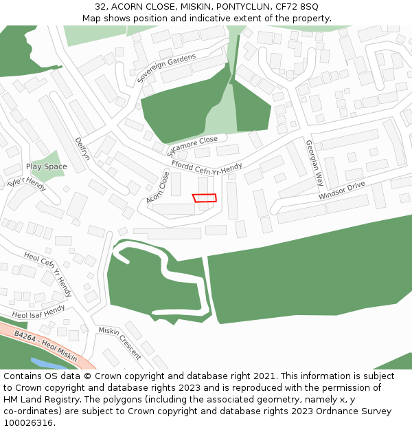 32, ACORN CLOSE, MISKIN, PONTYCLUN, CF72 8SQ: Location map and indicative extent of plot