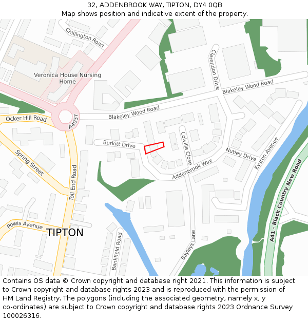 32, ADDENBROOK WAY, TIPTON, DY4 0QB: Location map and indicative extent of plot