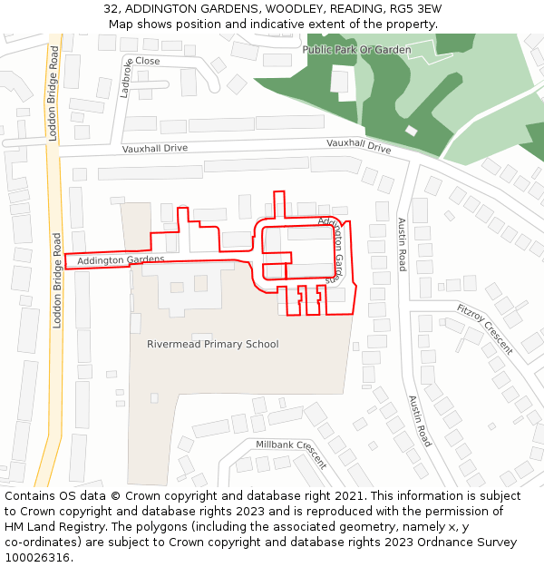 32, ADDINGTON GARDENS, WOODLEY, READING, RG5 3EW: Location map and indicative extent of plot