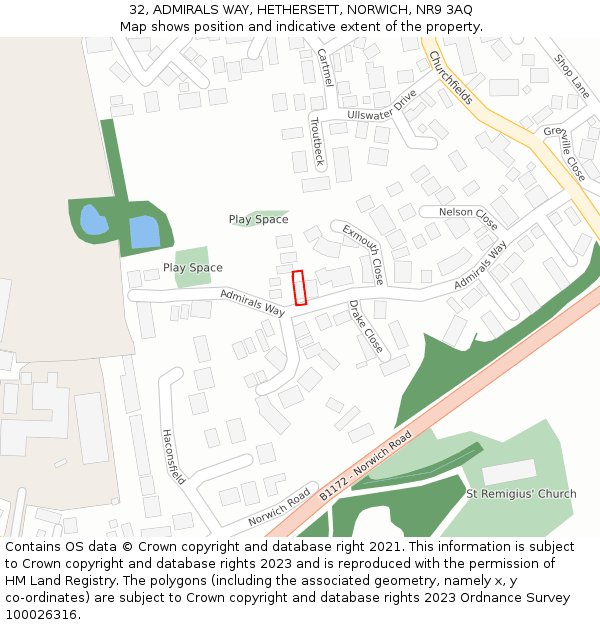 32, ADMIRALS WAY, HETHERSETT, NORWICH, NR9 3AQ: Location map and indicative extent of plot