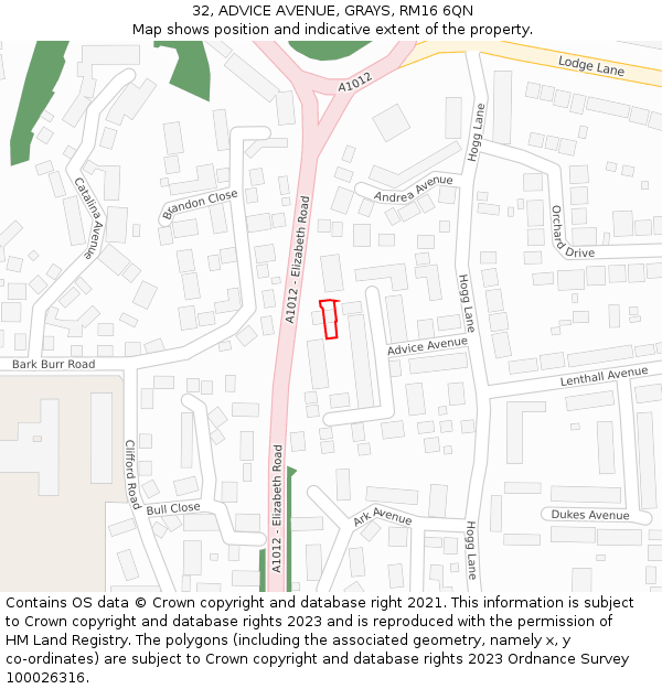32, ADVICE AVENUE, GRAYS, RM16 6QN: Location map and indicative extent of plot