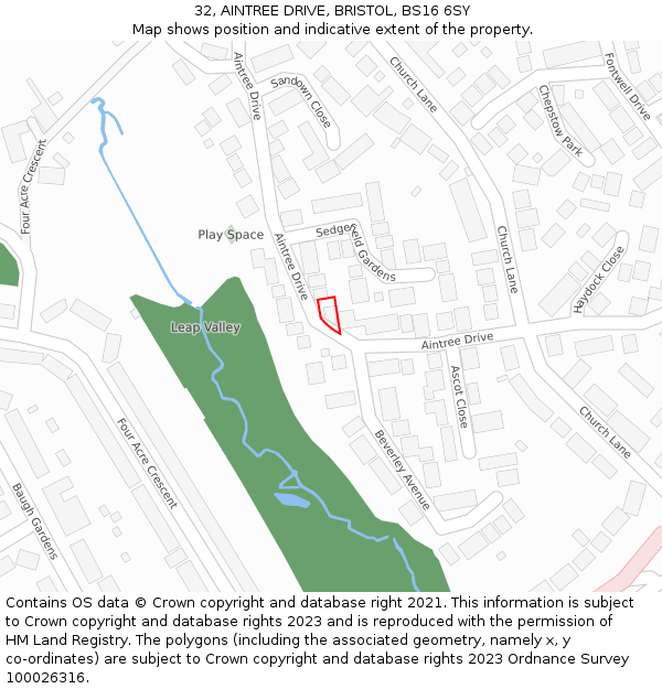 32, AINTREE DRIVE, BRISTOL, BS16 6SY: Location map and indicative extent of plot