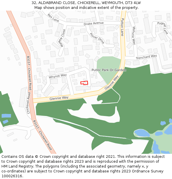 32, ALDABRAND CLOSE, CHICKERELL, WEYMOUTH, DT3 4LW: Location map and indicative extent of plot