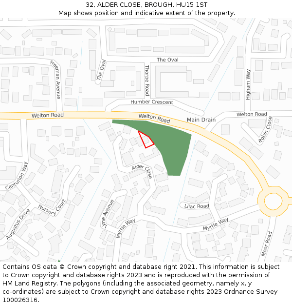 32, ALDER CLOSE, BROUGH, HU15 1ST: Location map and indicative extent of plot