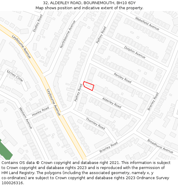 32, ALDERLEY ROAD, BOURNEMOUTH, BH10 6DY: Location map and indicative extent of plot