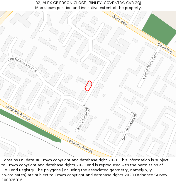 32, ALEX GRIERSON CLOSE, BINLEY, COVENTRY, CV3 2QJ: Location map and indicative extent of plot