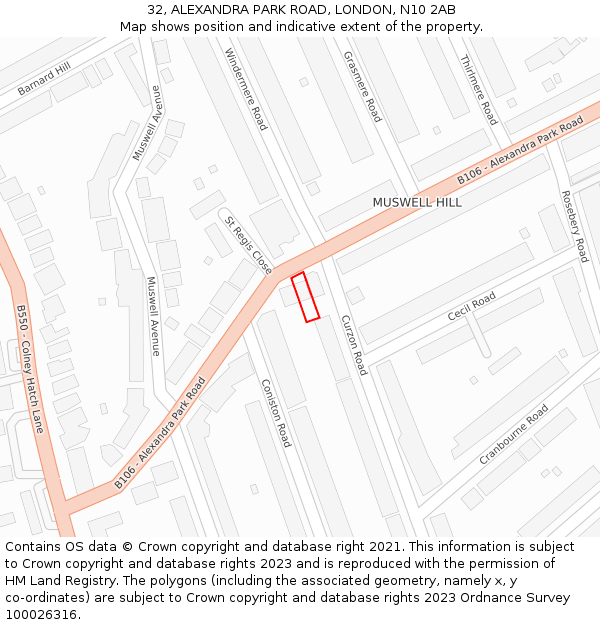 32, ALEXANDRA PARK ROAD, LONDON, N10 2AB: Location map and indicative extent of plot