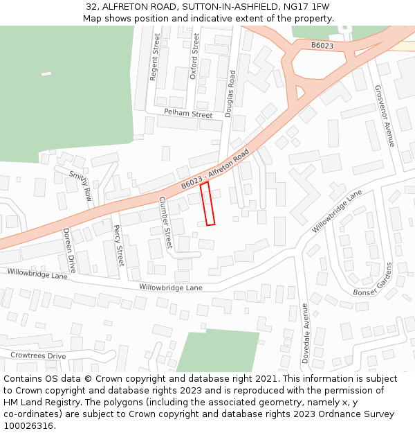 32, ALFRETON ROAD, SUTTON-IN-ASHFIELD, NG17 1FW: Location map and indicative extent of plot