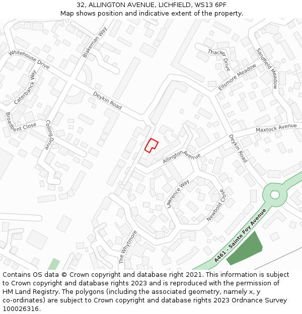 32, ALLINGTON AVENUE, LICHFIELD, WS13 6PF: Location map and indicative extent of plot