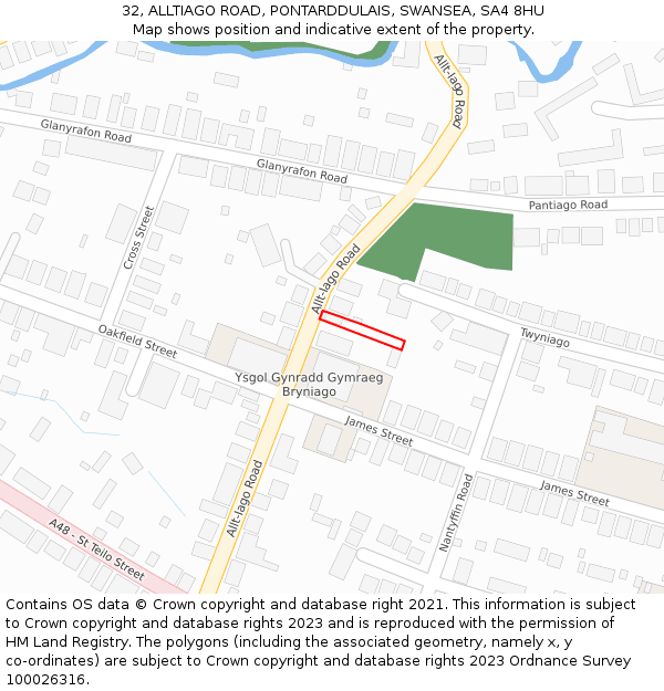 32, ALLTIAGO ROAD, PONTARDDULAIS, SWANSEA, SA4 8HU: Location map and indicative extent of plot