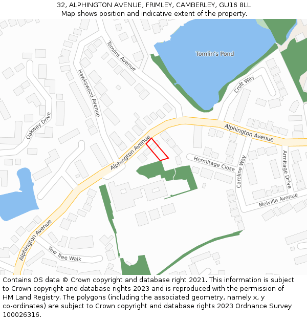 32, ALPHINGTON AVENUE, FRIMLEY, CAMBERLEY, GU16 8LL: Location map and indicative extent of plot