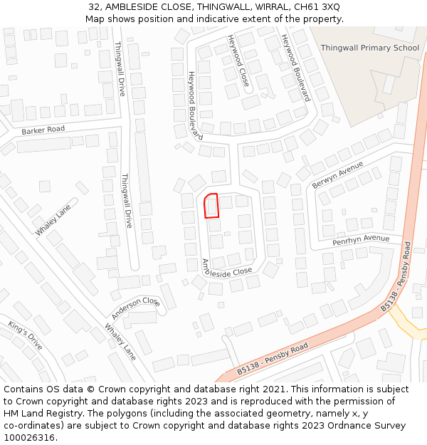 32, AMBLESIDE CLOSE, THINGWALL, WIRRAL, CH61 3XQ: Location map and indicative extent of plot