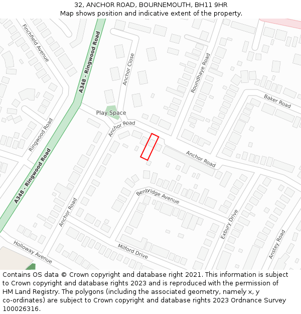 32, ANCHOR ROAD, BOURNEMOUTH, BH11 9HR: Location map and indicative extent of plot