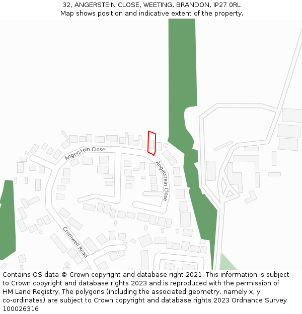 32, ANGERSTEIN CLOSE, WEETING, BRANDON, IP27 0RL: Location map and indicative extent of plot