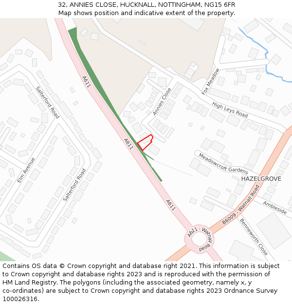 32, ANNIES CLOSE, HUCKNALL, NOTTINGHAM, NG15 6FR: Location map and indicative extent of plot