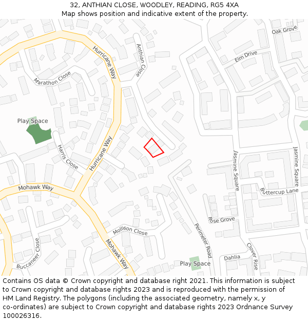 32, ANTHIAN CLOSE, WOODLEY, READING, RG5 4XA: Location map and indicative extent of plot