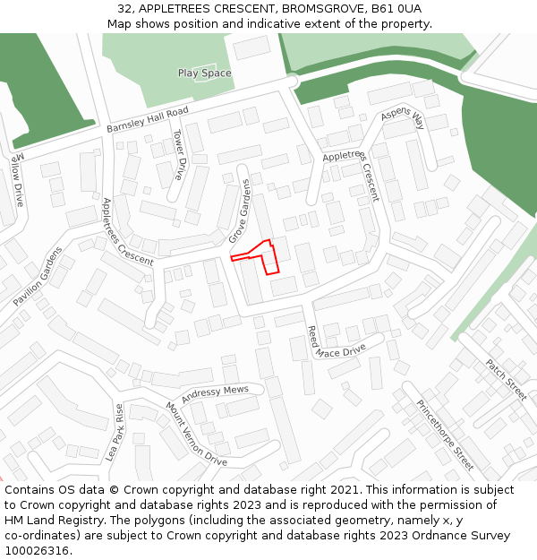 32, APPLETREES CRESCENT, BROMSGROVE, B61 0UA: Location map and indicative extent of plot