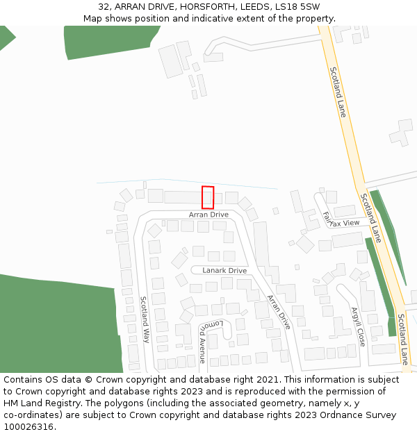 32, ARRAN DRIVE, HORSFORTH, LEEDS, LS18 5SW: Location map and indicative extent of plot