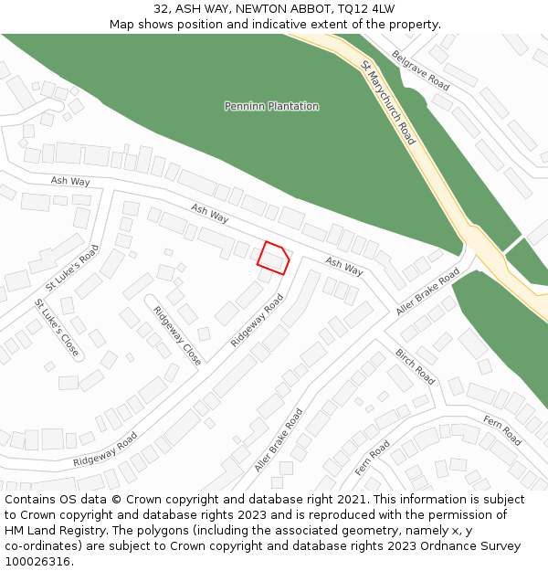 32, ASH WAY, NEWTON ABBOT, TQ12 4LW: Location map and indicative extent of plot