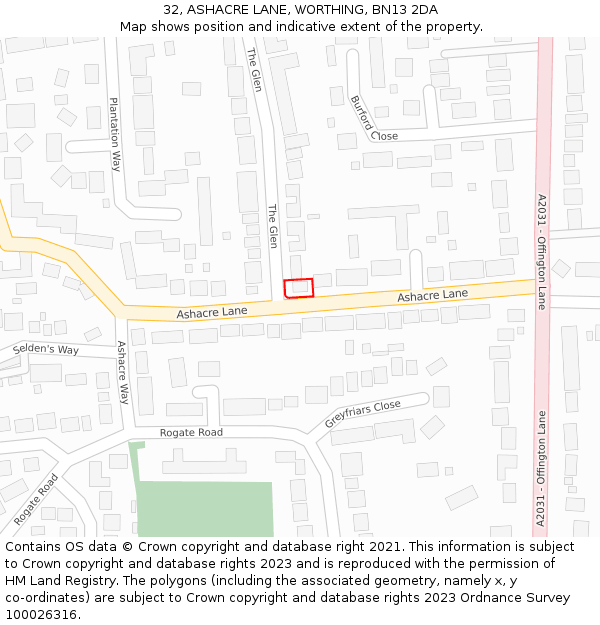 32, ASHACRE LANE, WORTHING, BN13 2DA: Location map and indicative extent of plot