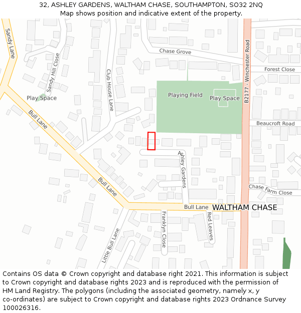 32, ASHLEY GARDENS, WALTHAM CHASE, SOUTHAMPTON, SO32 2NQ: Location map and indicative extent of plot