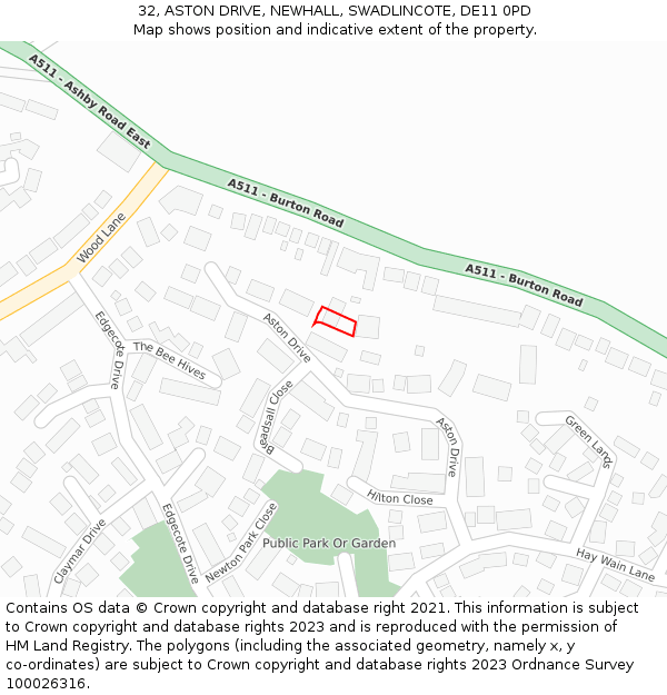 32, ASTON DRIVE, NEWHALL, SWADLINCOTE, DE11 0PD: Location map and indicative extent of plot