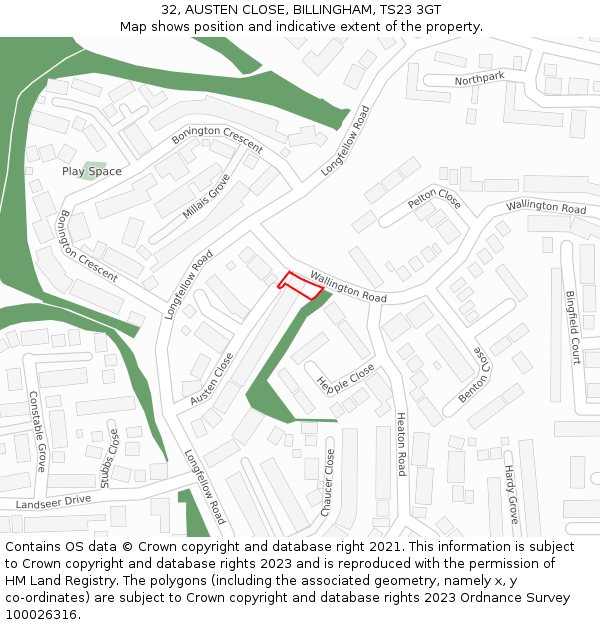 32, AUSTEN CLOSE, BILLINGHAM, TS23 3GT: Location map and indicative extent of plot
