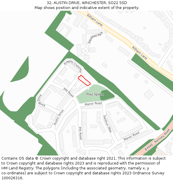32, AUSTIN DRIVE, WINCHESTER, SO22 5SD: Location map and indicative extent of plot