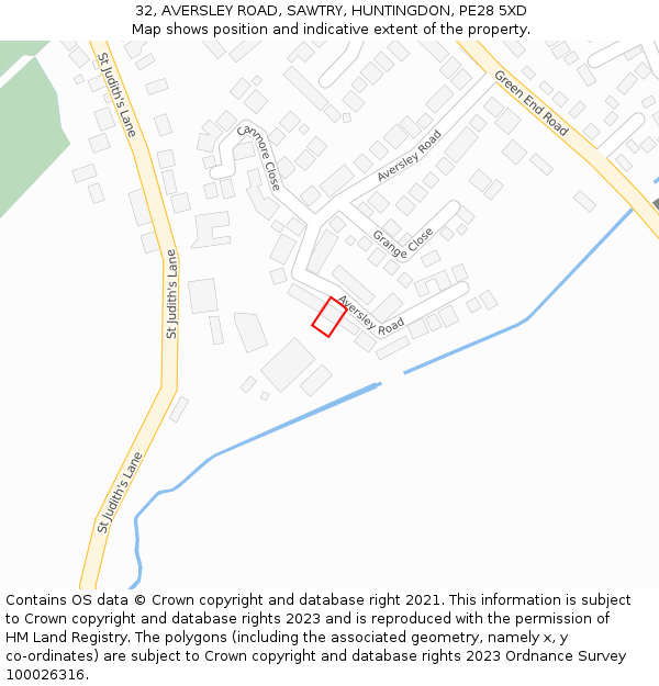 32, AVERSLEY ROAD, SAWTRY, HUNTINGDON, PE28 5XD: Location map and indicative extent of plot