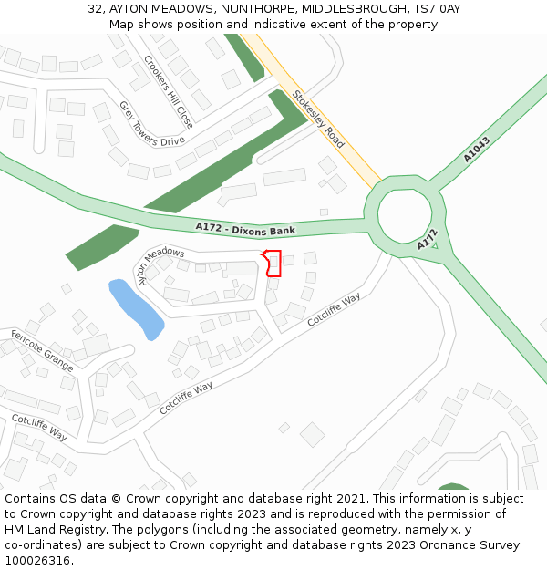 32, AYTON MEADOWS, NUNTHORPE, MIDDLESBROUGH, TS7 0AY: Location map and indicative extent of plot