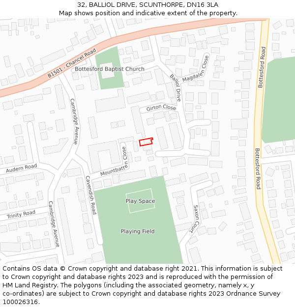 32, BALLIOL DRIVE, SCUNTHORPE, DN16 3LA: Location map and indicative extent of plot