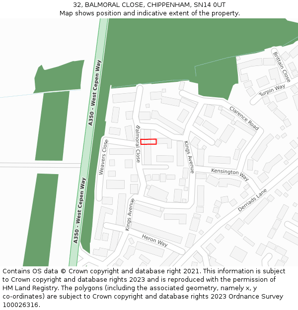 32, BALMORAL CLOSE, CHIPPENHAM, SN14 0UT: Location map and indicative extent of plot
