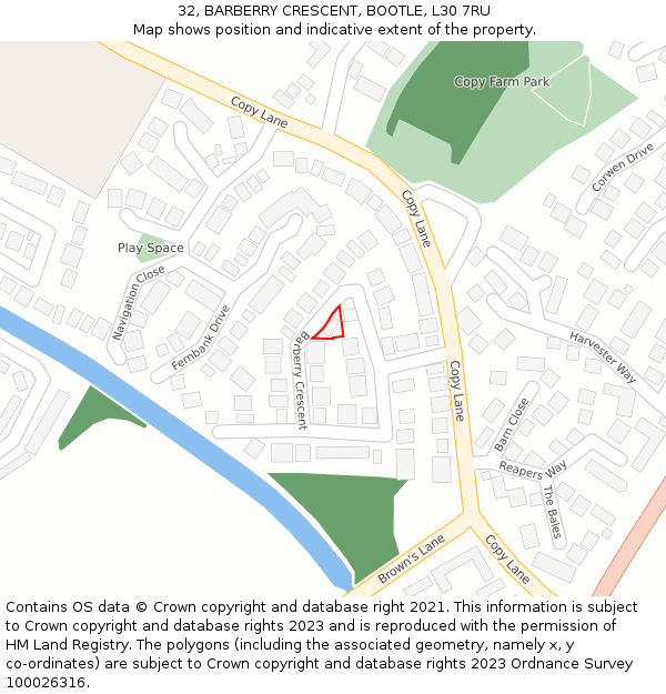 32, BARBERRY CRESCENT, BOOTLE, L30 7RU: Location map and indicative extent of plot
